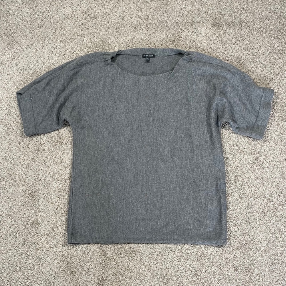 Eileen Fisher Women's Top Knit Round Scoop Neck 100% Merino Wool L Gray